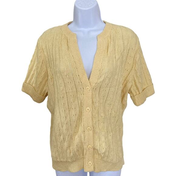 Vintage 70s 80s Yellow Cottage Preppy Cable Knit Cardigan Sweater Top Size S/M - Picture 1 of 5
